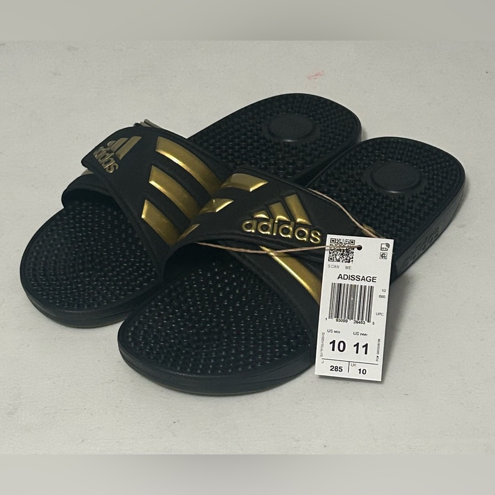 Adidas Adissage Slides Men’s Size 10 — Core Black/Gold Metallic/Core Black